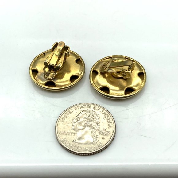 Vintage Puffy Golden Circle Earrings, Shiny Gold Tone Minimalist Clip Ons - Picture 5 of 5